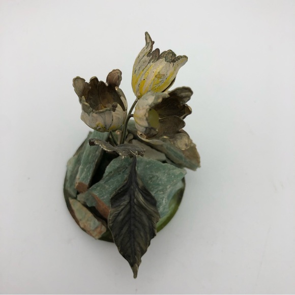 Vtg Art Of Frank Mosse Enameled Tulip Flowers Sculpture On Natural Rock Yellow - Picture 5 of 12